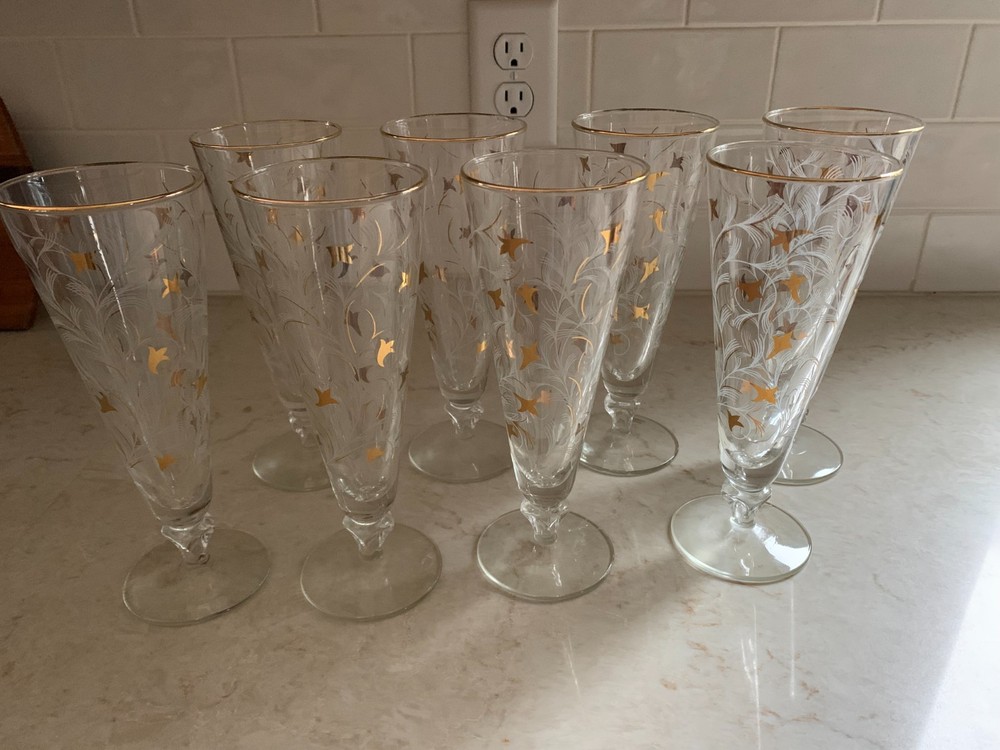 Set of 8 VTG Libby Royal Fern Gold Leaf Pilsner Beer Glasses Flutes Parfait G7