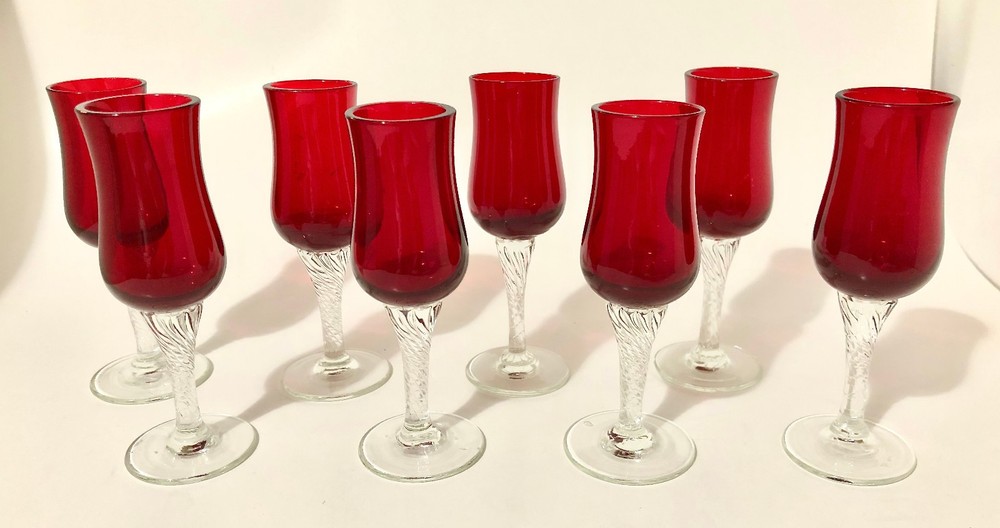 Vtg Colony «Saturn Red» Hand Blown Cordial Glasses Set of 8 Ruby Red Twist Stem