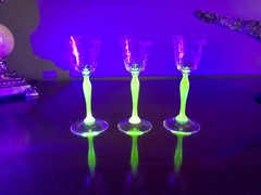 Set of Three Depression Etched Uranium Cordial Glass 2 With Flea Bites 1 Perfect