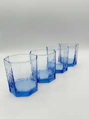 4 Libbey Facets Light Blue Old Fashioned Glasses Textured Octagon Tumblers EUC