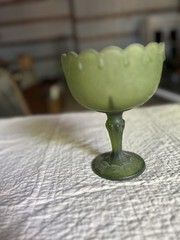 Unmarked Green Frosted Glass Pedestal Goblet Dessert Cup, Scalloped Rim