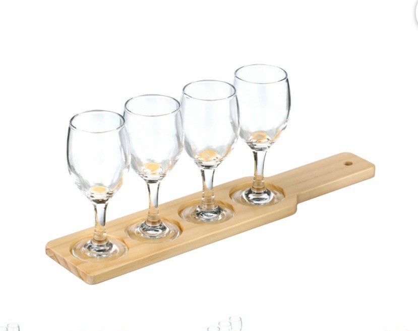 4 – Wine Flight Set 4 Glasses Each Holds 4.4 Oz on Flight Board