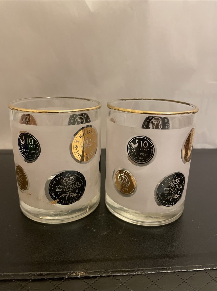 2 Vintage MCM black, gold, & frosted glass Libbey coin lowball glasses