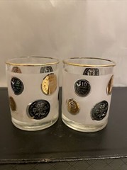 2 Vintage MCM black, gold, & frosted glass Libbey coin lowball glasses