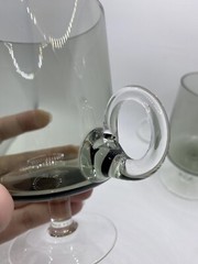 Pair Of Goblet Style Clear Black Smoke Art Glass Pedistal Cups W/ Applied Handle