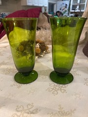 A Pair of Enchanted Moss/Avocado Green Crystal, Low Footed Goblets. Rare!