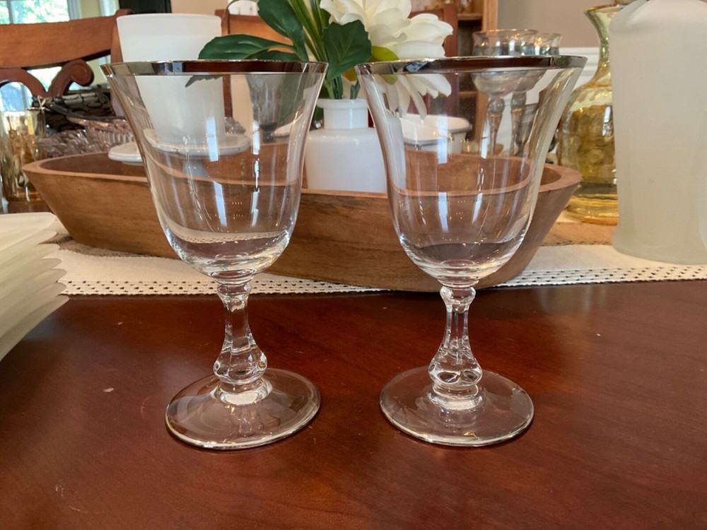 Fostoria Wedding Ring Platinum Lot of 2 Water Goblets 6 1/4″ PERFECT!