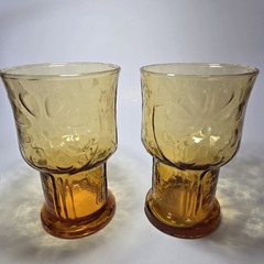 vtg set of 2 libbey amber glass country garden daisy flower 5” boho water tumble