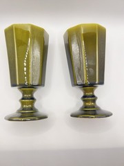 RARE SECLA Portugal Ceramic Goblets Olive Green Chalices Mid Century Decor Set 2