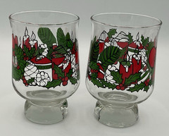Libbey Christmas Footed Tumbler 4.75″ Wreath Ribbons Holly Candles Lot Of 2 VINT