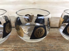 5 Vintage Mid Century Barware Roly Poly Black & 22K Gold Coin Shot Glasses MCM