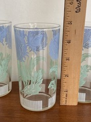 Set Of 6 Juice Glasses Blue Green Butterfly And Clover Flower Vintage 4 3/4” EUC