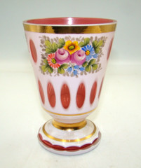 Vintage Bohemian Glass Beaker Goblet Hand Painted White Cut To Cranberry