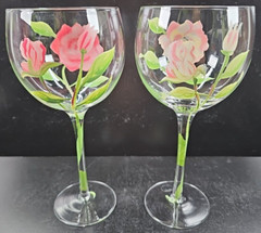 2 Block Vintage Rose Balloon Wine Glasses Mix Set Floral Hand Painted Flower Lot