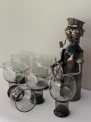 6 Vintage Federal Glass SUNDOWN Smoke Gray Pedestal Goblets, Retro Barware 1960s