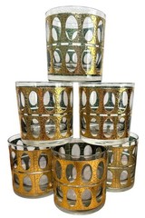 Mid Century Rocks Glasses Culver Gold Pisa Vintage Barware Tumblers Set of 6