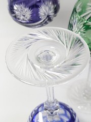 Set of 6 – Bohemian Overlay Cut-to-Clear Crystal Wine Goblets Jewel Tones