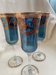 J Preziosi Lavorato A Mano Italian Champagne Flutes – Blue W Gold Rim (Set Of 3)