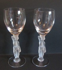 2 French Bacchus Goblet Wine Glasses – Frosted Nude Male Stem 7.25″ Vintage