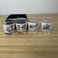 Vintage Anchor Hocking Shot Glass Set 4pc Cartoon Barware Humor USA Made