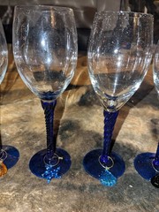 6 Glass Wine/Champagne Glasses with Cobalt Blue Twisted Stem & Sea Pendants