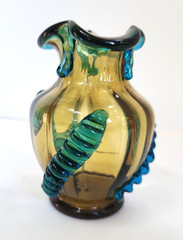 Antique Moser Portieux George Sand Blown Glass Vase Amber Teal Applied Serpent 5