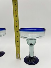 2 Mexican Hand Blown Margarita Glasses Blue Rim Cobalt Cocktail Glassware Bar
