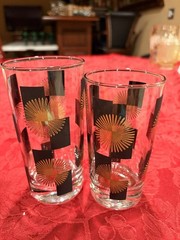 Classic MCM Atomic Starburst Glasses Black Gold Checkerboard 8pc Set Ex Cond