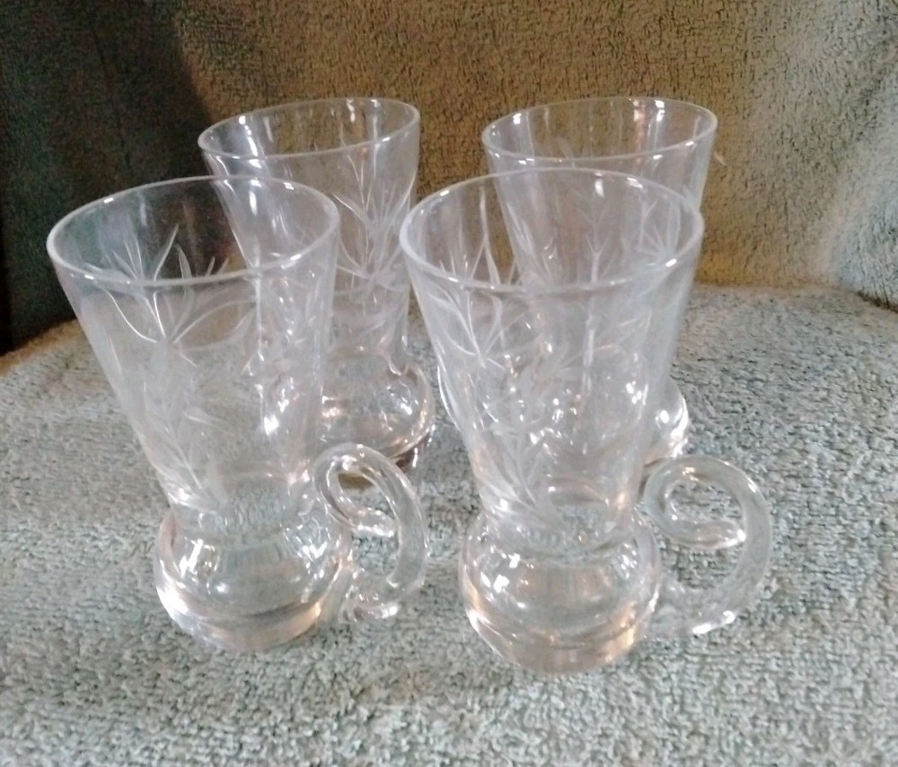 4 Irish Coffee-Espresso-Cappuccino Curved Handled Etched Glasses 4″