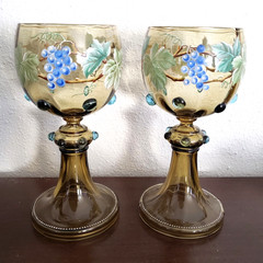 2 Large Roemer Goblets Glass Hand Painted Blue Grapes Prunts German or Bohemian
