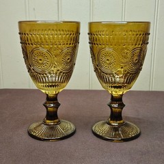 2 Robert Stanley Taupe Amber Glass Goblet Bar & Circle Pattern 10 oz 6 5/8” Tall