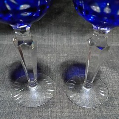 Vintage 5-1/2” Bohemian Dark Blue hand Cut to Clear WineCordial set of 2