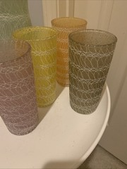 VTG MCM Glass Spaghetti String Bar Set Pitcher & 8 Tumblers Multicolor