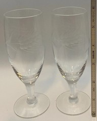 2 Antique Etched Wheat Pattern Clear Glass Wine Glasses Flutes Hand Blown