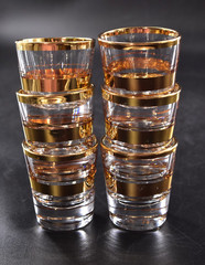 Vintage Shot Glasses Clear Glass with Gold Rim & Gold Rings Set of 6