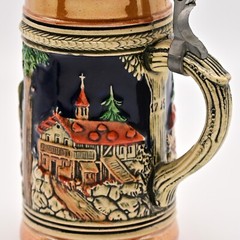 Original Vintage Signed German Ceramic Hand Painted Glazed Pewter Lid Beer Stein