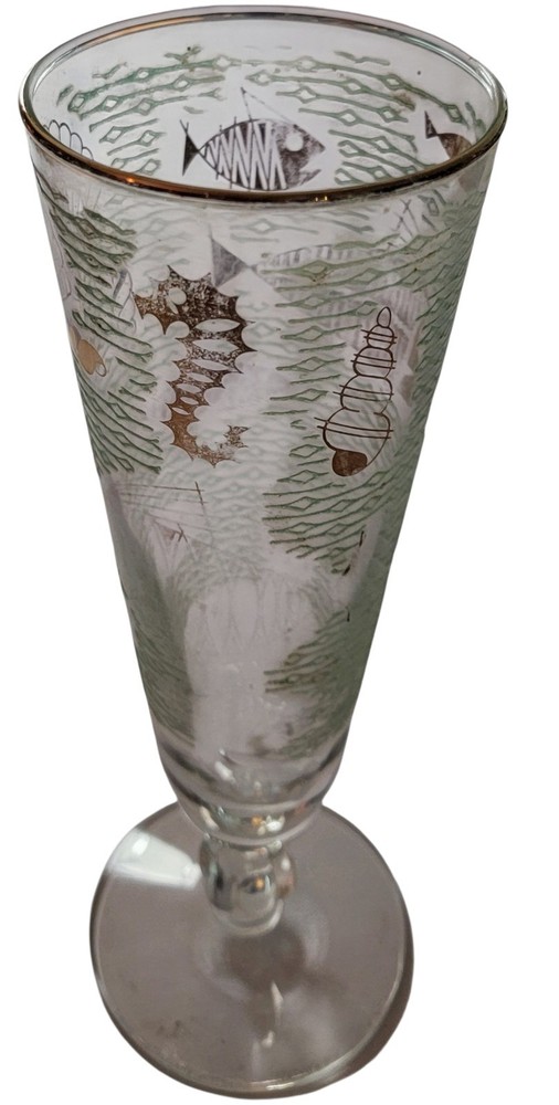Vintage Libbey Marine Life Tall Pilsner Glass(es) Fish Seahorse Shells Gold Aqua