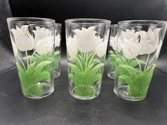 Vintage Mid Century TULIP White & Green Drinking Glasses 8 Oz MCM Set of 6 VG+++