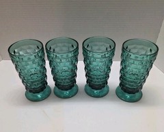 Vintage Colony Whitehall Indiana Glass Cubist Footed Glasses Teal Green Blue