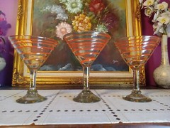 Large Hand Blown Retro Orange Swirl Art Glass Martini/ Margarita Glasses Set-3