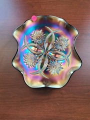 Pretty Dugan Purple Carnival Glass Four Flowers Two Sides Up Banana Bowl
