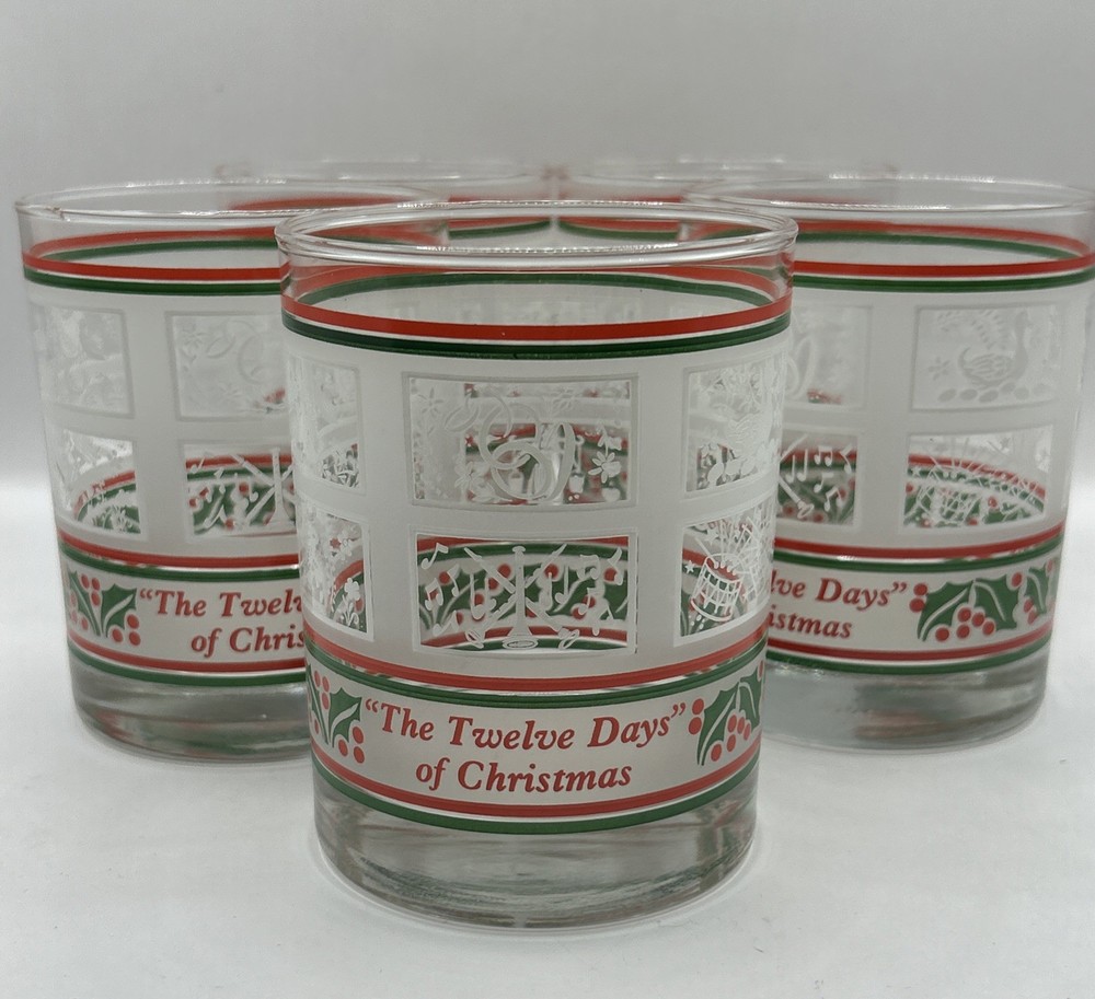 The Twelve Days of Christmas 4” Drinking Glasses, Vintage holly berry Set Of 5