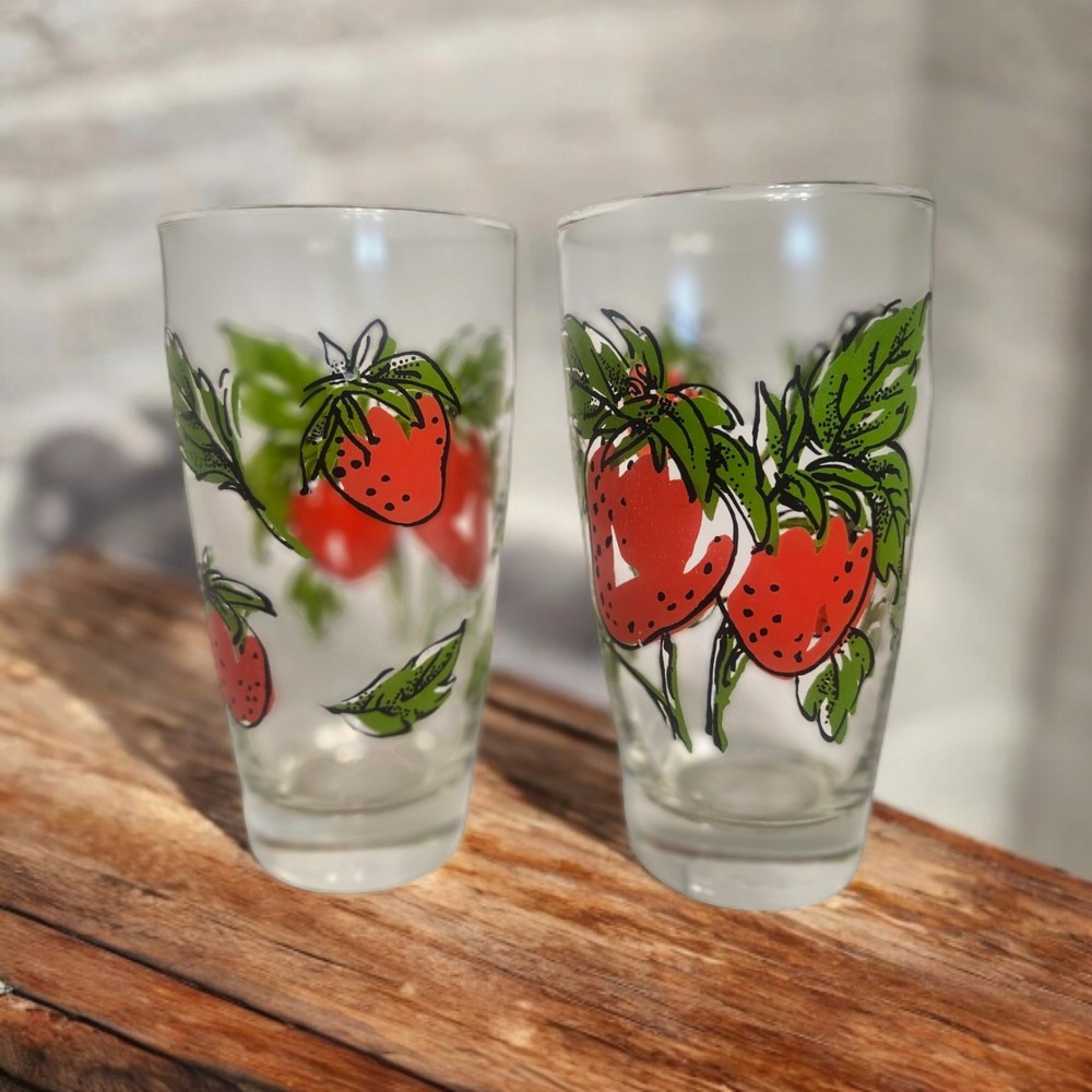 Vintage Pair Libbey Strawberry Vine Glasses 14oz Water Iced Tea6″Tumblers Retro