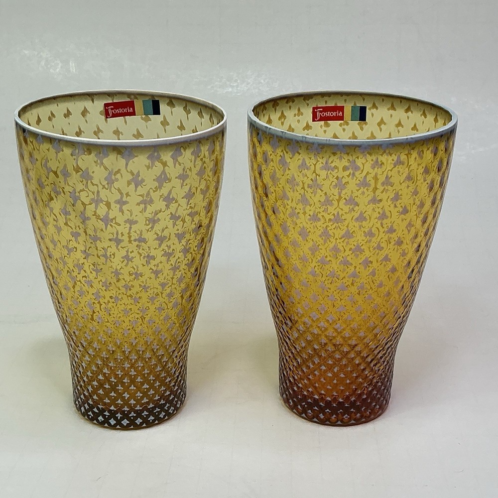 Fostoria Opalescent Gold Needlepoint Glass Tumbler Set Of 2 EUC Original Sticker
