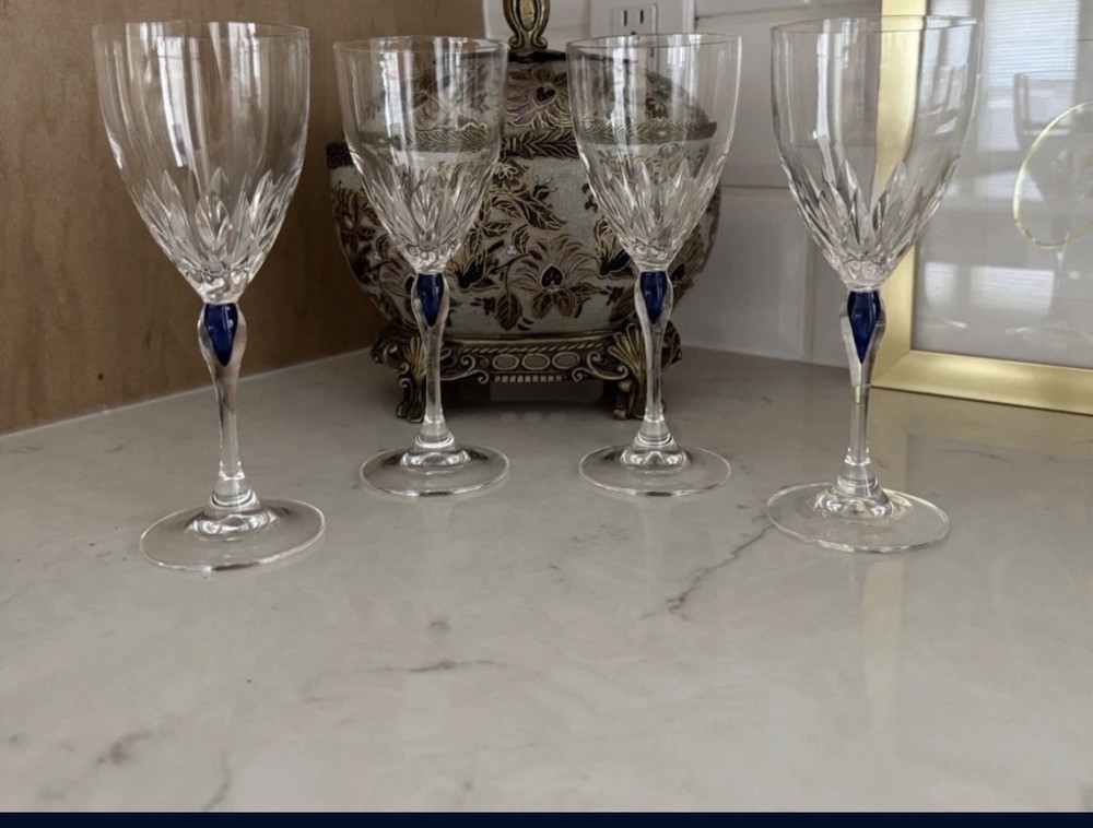 Cristal D’Arques Saphir Taille Lance Collection Blue Drop Wine Glasses Set Of 4