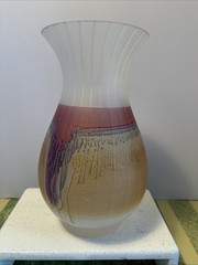 VTG 1970 Rueven Hand Painted Nouveau Art Glass Vase 9.25” Ribbed Hand Fired UP39