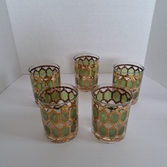 Vtg Culver Green & Gold Filigree Lowball Rocks Bar Glasses Art Deco Set Of 5
