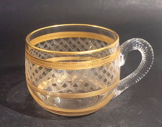 Antique Moser Style Crystal Punch Cup Etched Swirl and Fish Scale Gilt Ribbed