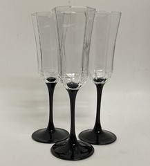 3 ct VTG Luminarc France Octime Black Stem Champagne Flutes Wine Glasses 8 5/8”