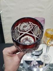 3 Wine Glasses Hocks Goblets Amber, Purple. & Red Cut to clear Crystal Buzzstars